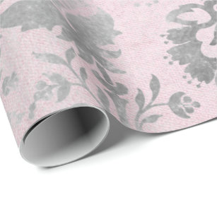 Pink Rose Silver Grey Floral Cottage Grung Damask Wrapping Paper