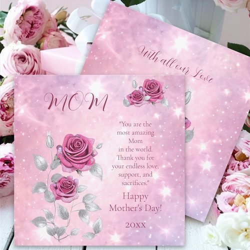 Pink Rose Silver Leaf Sparkling Happy Mothers Day Holiday Card