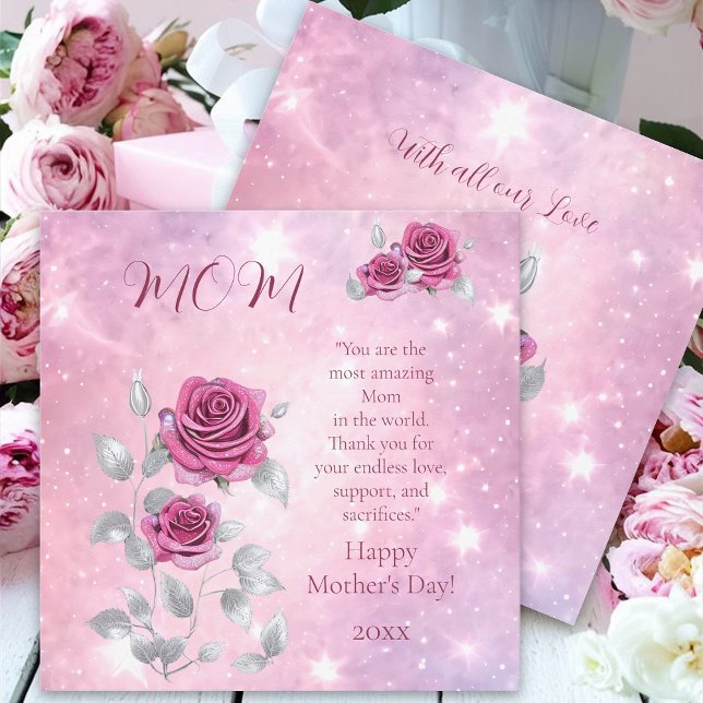 Pink Rose Silver Leaf Sparkling Happy Mother's Day Holiday Card (Creator Uploaded)