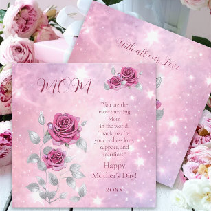 Pink Rose Silver Leaf Sparkling Happy Mother's Day Holiday Card