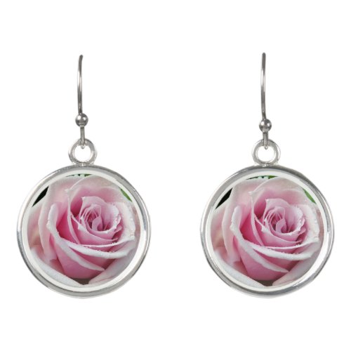 Pink Rose Silver Round Dangle Earrings