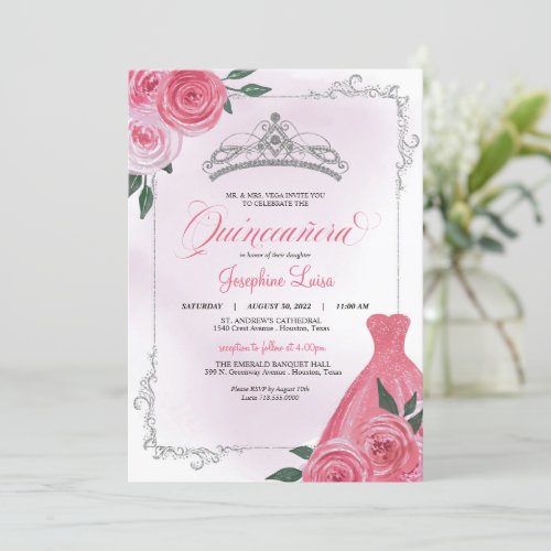 Pink Rose Silver  White Floral Tiara Quinceaera Invitation