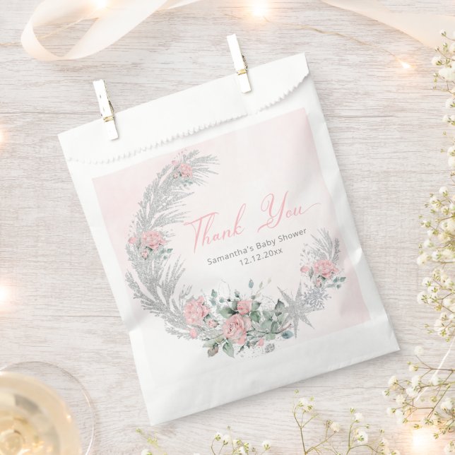 Pink Rose Silver Winter Thank you Favor Bag (Clipped)