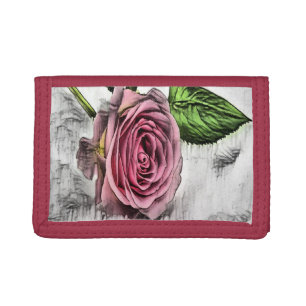 Pink rose sketch flower tri-fold wallet