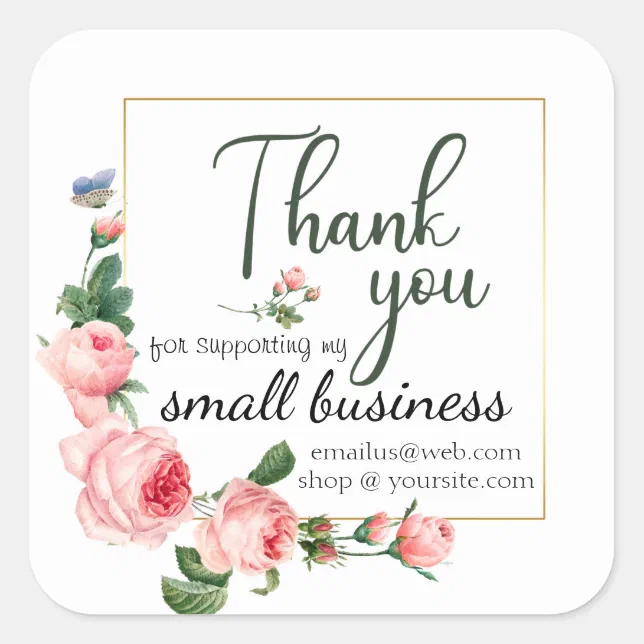 Pink Rose Small Business Thank You Logo Customized Square Sticker | Zazzle