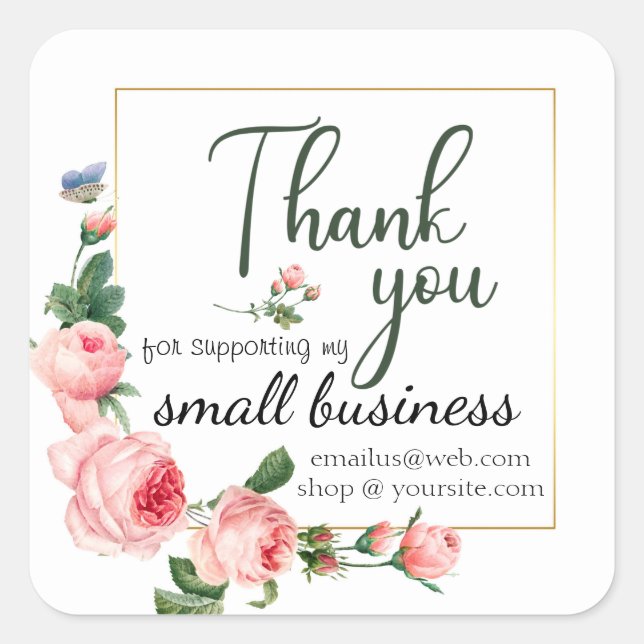 Pink Rose Small Business Thank You Logo Customized Square Sticker (Front)