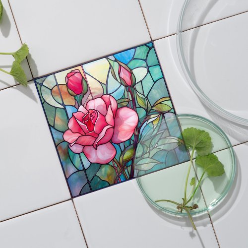 Pink Rose Stained Glass Mosaic Ceramic Tile
