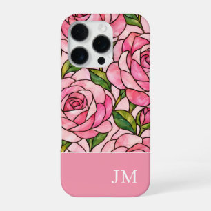 Pink Rose Stained Glass Personalized Initials iPhone 16 Pro Case