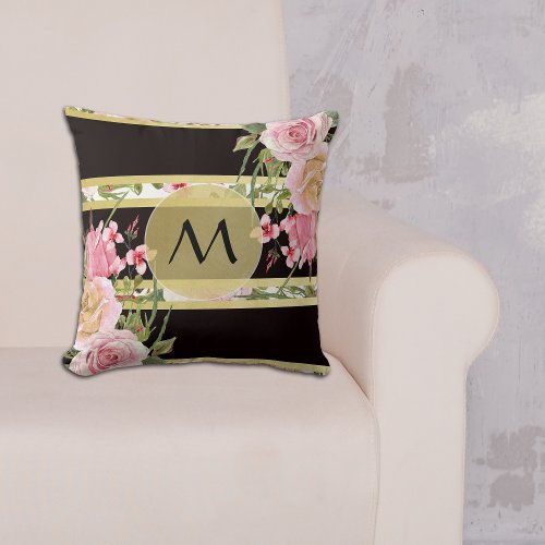 Pink Rose Stripe Pattern Monogram Throw Pillow
