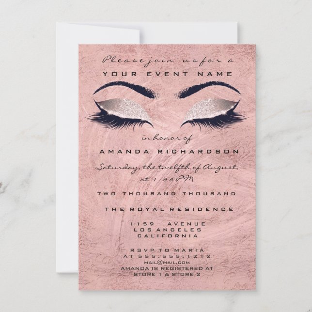 Pink Rose Stroke  Makeup Eyes Glitter 16th Bridal Invitation (Front)