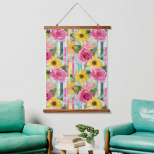 Pink Rose Sunflower Teal Summer Floral Hanging Tapestry