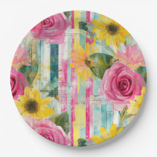 Pink Rose Sunflower Teal Summer Floral Paper Plates