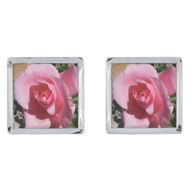 Pink Rose Sunny Garden Floral Silver Cufflinks (Front)
