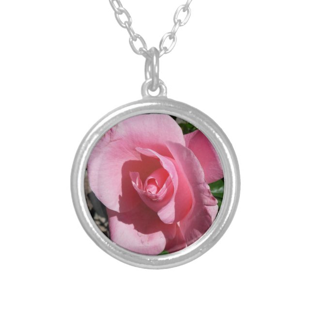 Pink Rose Sunny Garden Floral Silver Plated Necklace (Front)