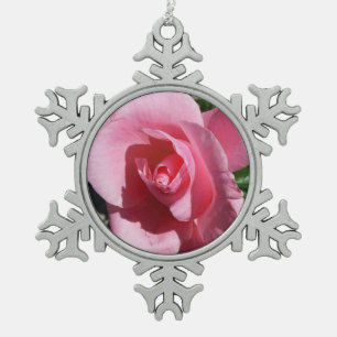 Pink Rose Sunny Garden Floral Snowflake Pewter Christmas Ornament