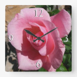Pink Rose Sunny Garden Floral Square Wall Clock