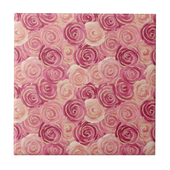 Pink Rose Swirl Glitter Seamless Pattern Ceramic Tile (Front)