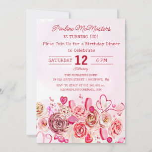 Pink Rose Swirly Heart 100th Birthday Dinner Invitation