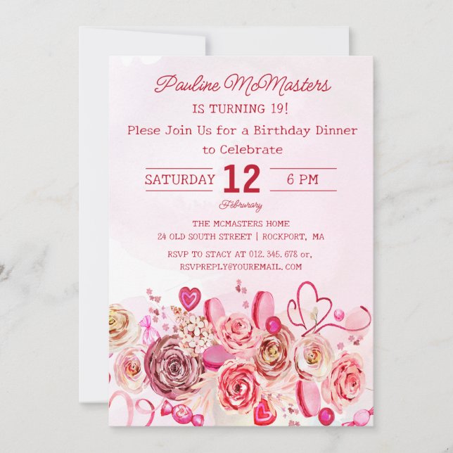 Pink Rose Swirly Heart 19th Birthday Dinner Invitation (Front)