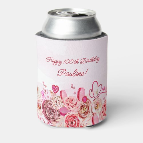 Pink Rose Swirly Heart Valentines 100th Birthday  Can Cooler