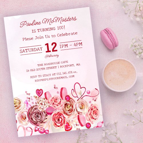 Pink Rose Swirly Heart Valentines 100th Birthday Invitation