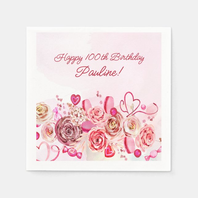 Pink Rose Swirly Heart Valentine's 100th Birthday Napkins (Front)