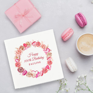 Pink Rose Swirly Heart Valentine's 100th Birthday Napkins
