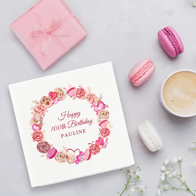 Pink Rose Swirly Heart Valentine's 100th Birthday Napkins (Creator Uploaded)