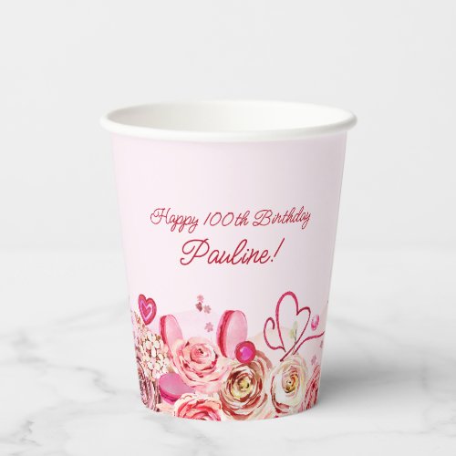 Pink Rose Swirly Heart Valentines 100th Birthday  Paper Cups