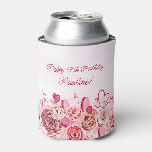 Pink Rose Swirly Heart Valentines 18th Birthday  Can Cooler
