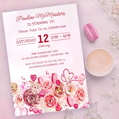 Pink Rose Swirly Heart Valentines 18th Birthday Invitation