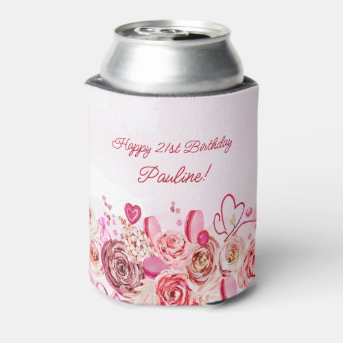 Pink Rose Swirly Heart Valentines 21st Birthday  Can Cooler