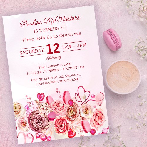 Pink Rose Swirly Heart Valentines 21st Birthday Invitation