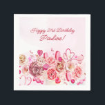 Pink Rose Swirly Heart Valentine's 21st Birthday  Napkins<br><div class="desc">Girly girls of all ages will love this feminine design. Pretty pink watercolor roses and whimsical swirly hearts create the perfect 21st birthday napkin for a February or Valentine's Day birthday. Candy and Macaroon cookies fill out this sweet design. The softest pink watercolor wash frames the text and graphics perfectly....</div>