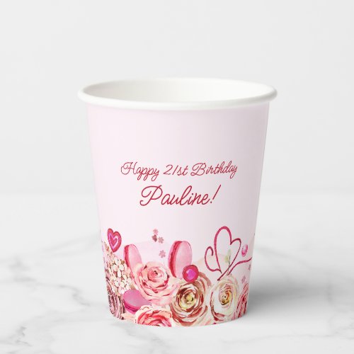 Pink Rose Swirly Heart Valentines 21st Birthday  Paper Cups