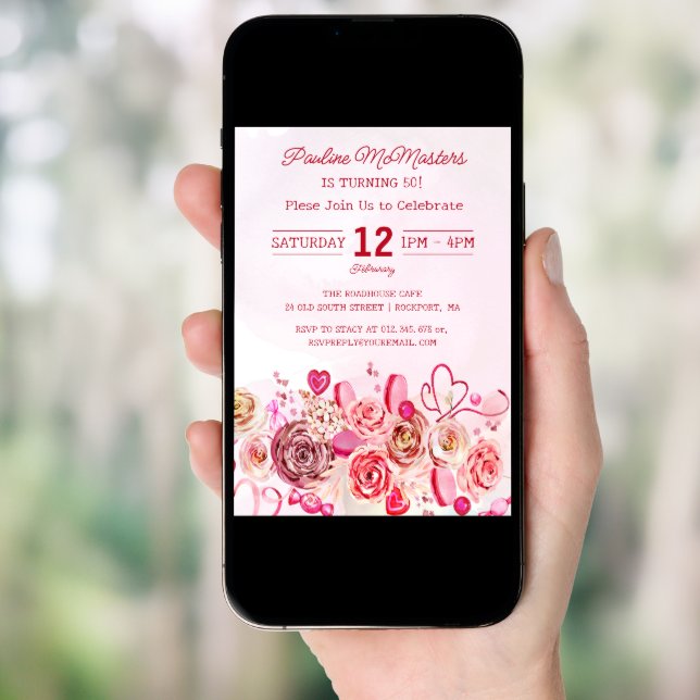 Pink Rose Swirly Heart Valentine's 50th Birthday Invitation (Front Digital)