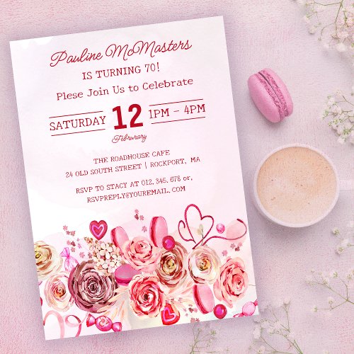 Pink Rose Swirly Heart Valentines 70th Birthday Invitation
