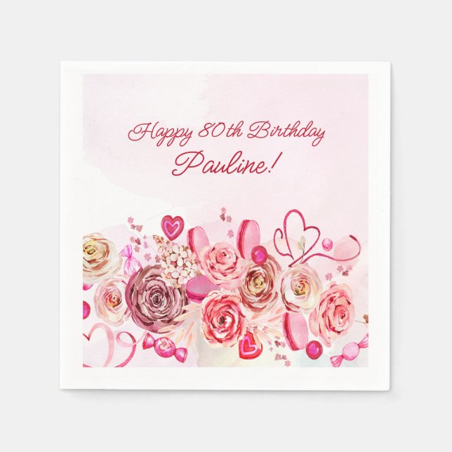 Pink Rose Swirly Heart Valentine's 80th Birthday  Napkins (Front)