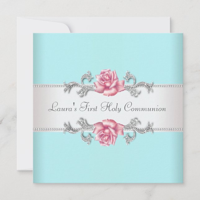 Pink Rose Teal Girls Teal First Communion Invitation (Front)