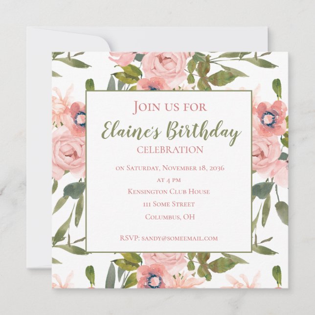Pink Rose Themed Birthday Party Invitations (Front)
