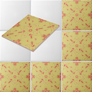 Pink rose trellis with floral medallion pattern ceramic tile