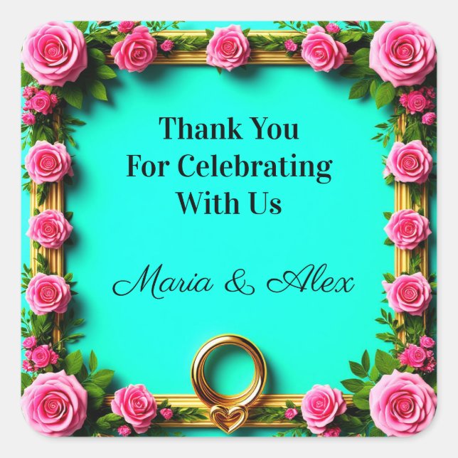 💍 Pink Rose Turquoise Gold Heart Wedding Theme 🌸 Square Sticker (Front)