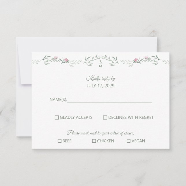Pink Rose Vine and Monogram RSVP Response Card (Front)