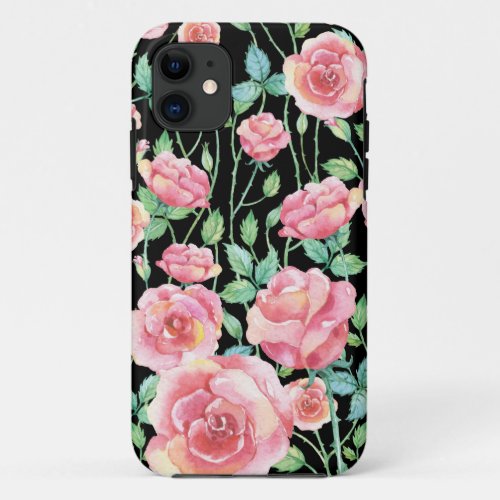 Pink Rose Vines Watercolor Black iPhone 11 Case