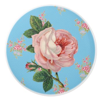 Pink Rose Vintage Floral Pattern Blue Ceramic Knob by Pretty_Vintage at Zazzle