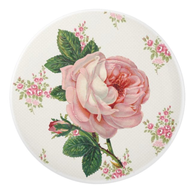 Pink Rose Vintage Floral Pattern Ceramic Knob (Front)