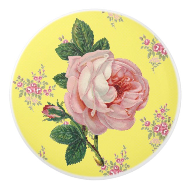 Pink Rose Vintage Floral Pattern Ceramic Knob (Front)