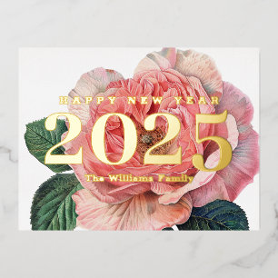 Pink Rose Vintage Flower Happy New Year 2027 Gold Foil Holiday Postcard