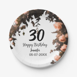 Pink rose vintage flower modern 30th birthday paper plates