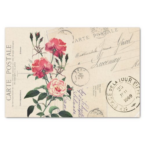 Pink Rose Vintage French Postcard Collage Tissue Paper